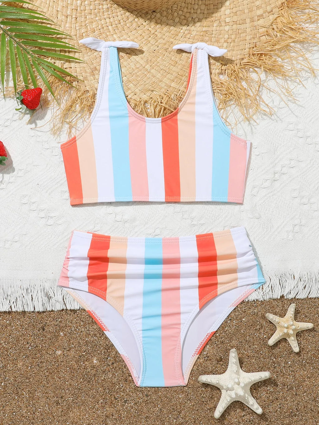 Girls' two-piece plaid print swimsuit with bra top and briefs for swimming.