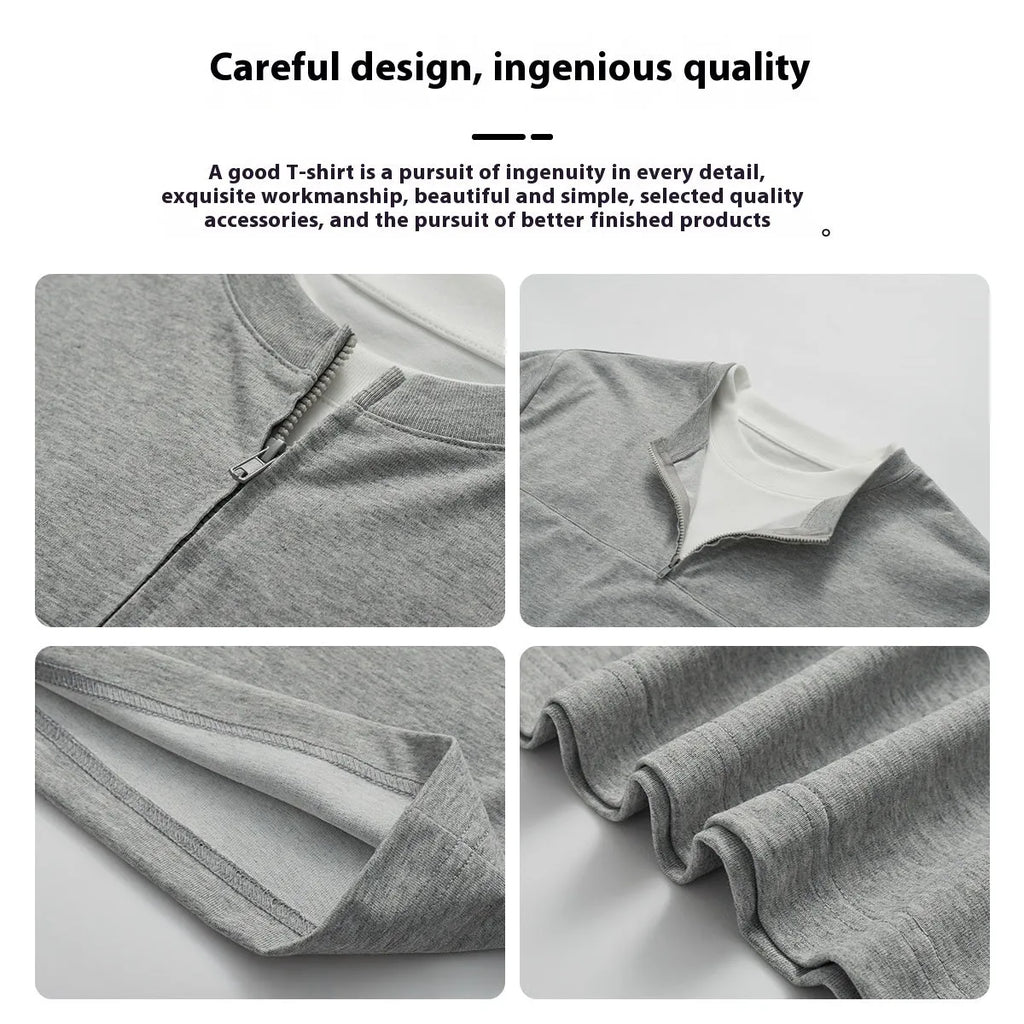 Women's loose patchwork top in solid colour with zip false two-piece design