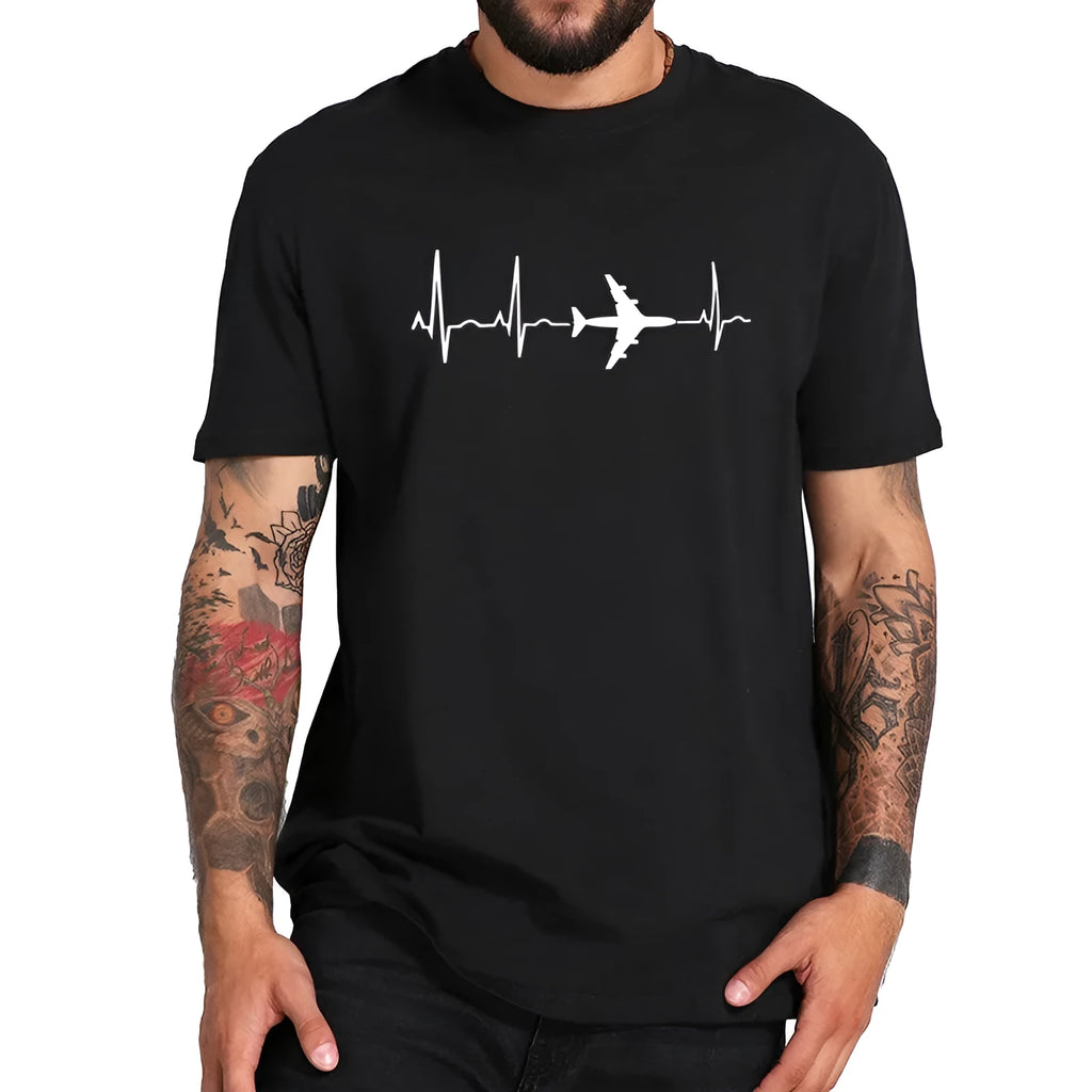 Mens slim fit black short sleeve T-shirt with cartoon print round neck collar close-up