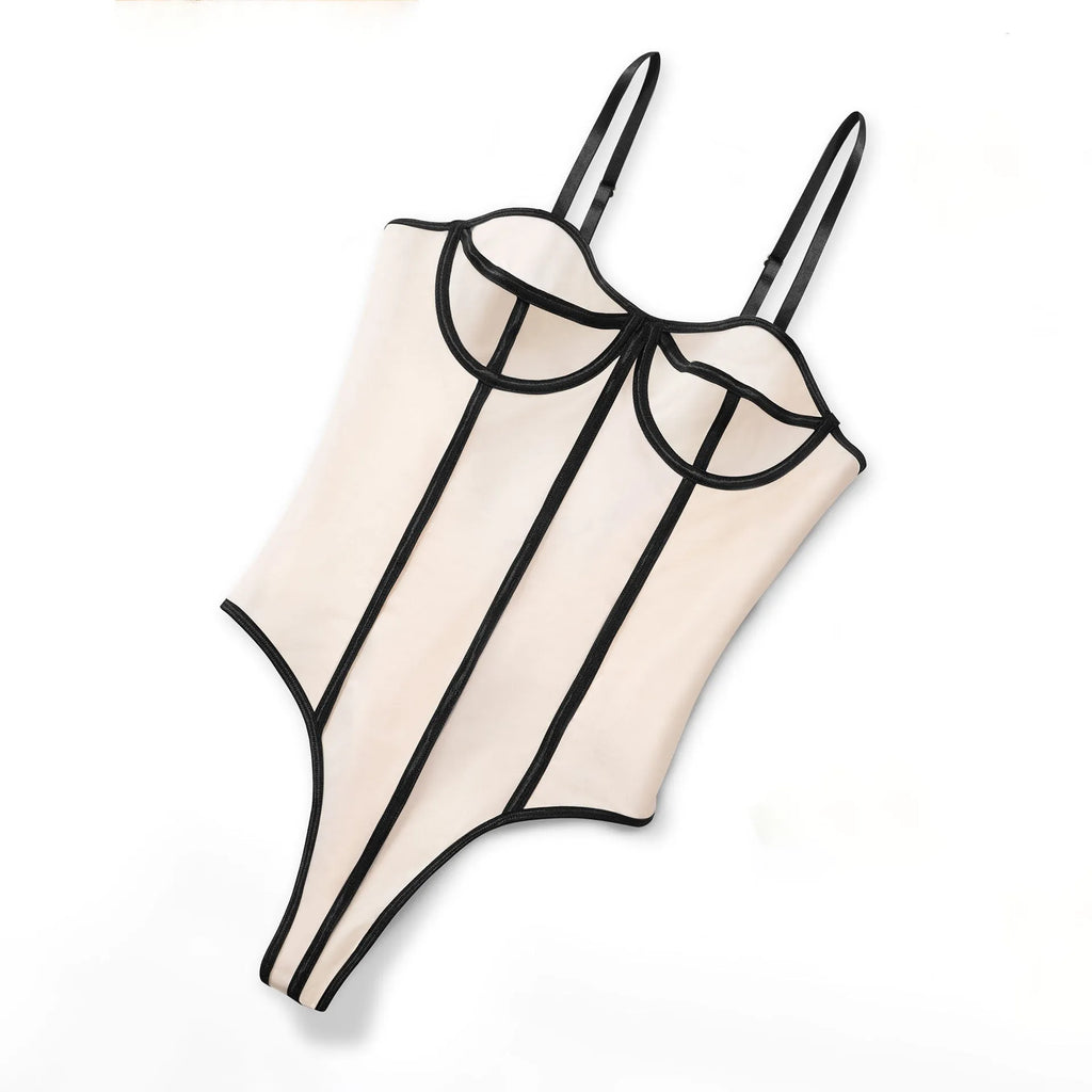 Khaki bodybuilding jumpsuit with sleeveless hollow-out top and contrast panels, worn with matching shorts.