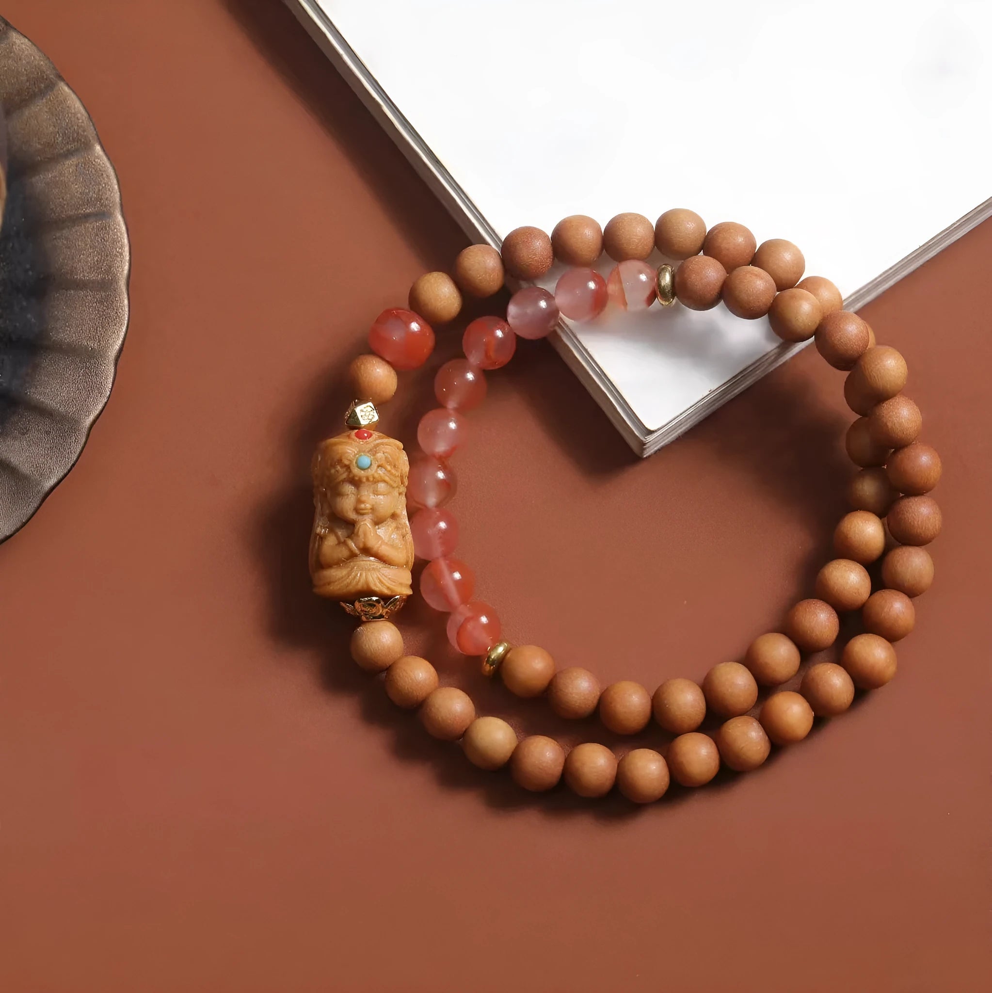 Brown sandalwood bracelet with 6mm round beads in double circle woven design