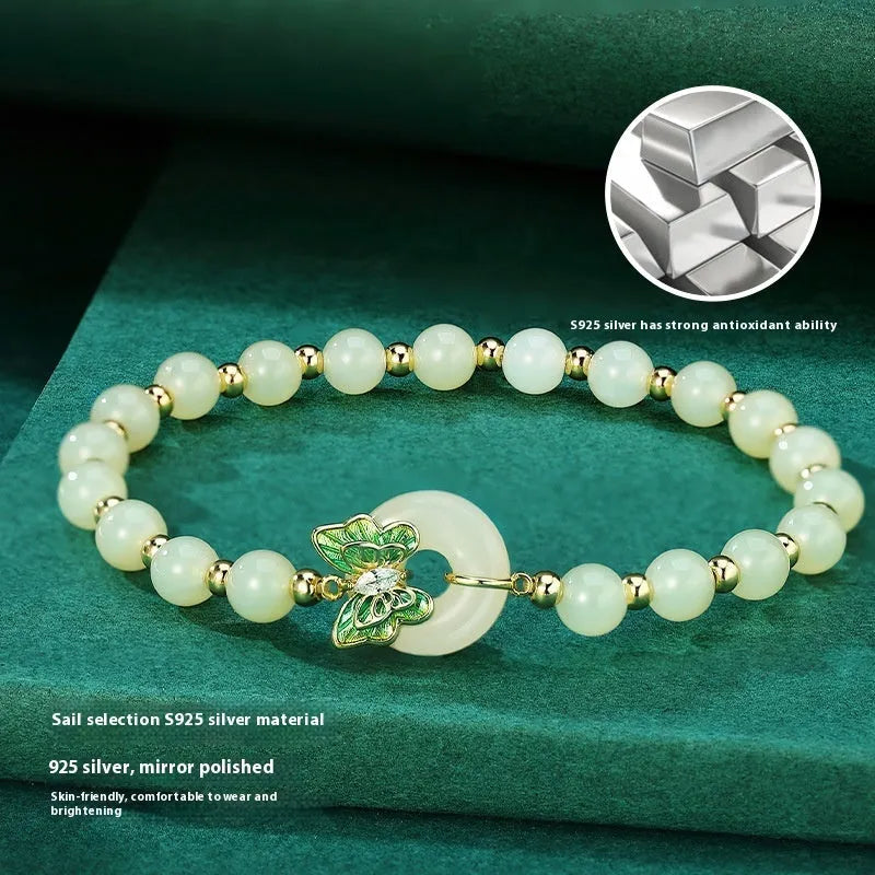 Cyan Hetian jade bracelet with silver-inlaid butterfly design and 6mm beads