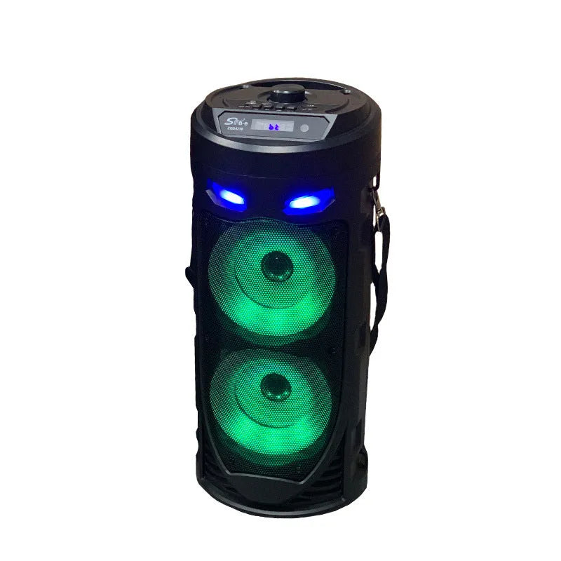 Black portable Bluetooth speaker with dual horn cannon design showing front panel with controls