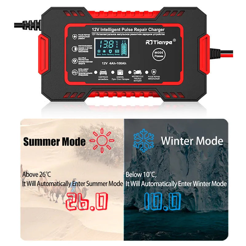 12V intelligent pulse repair battery charger with reverse connection protection and screen display for lead-acid batteries