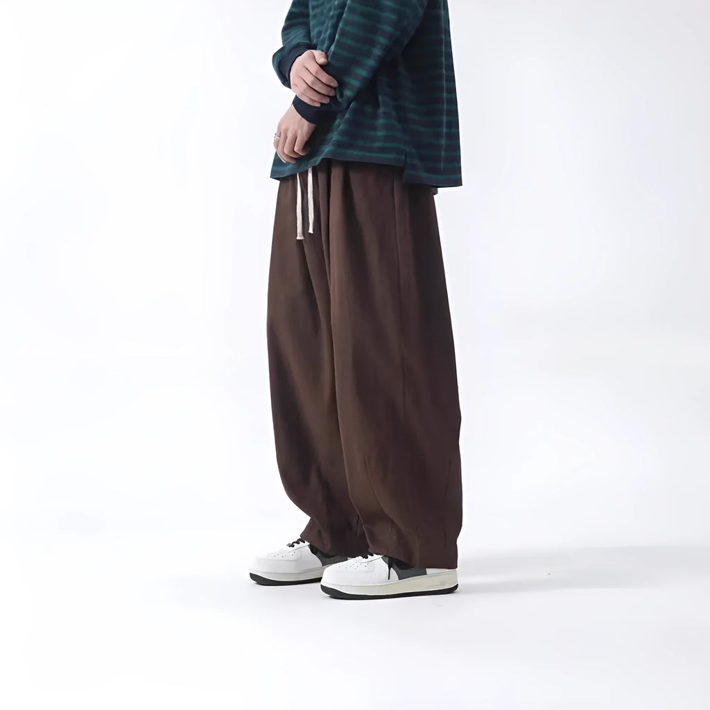 Cotton men's loose wide leg pants in black, straight leg cut with drawstring waist, mid-rise, size M to 8XL