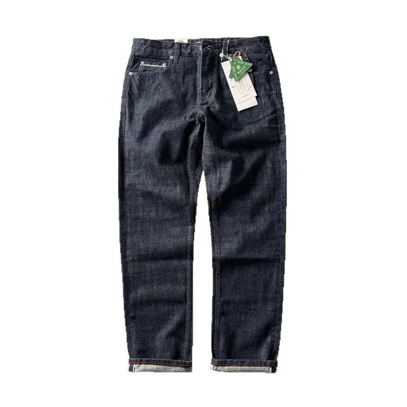 Men's straight leg trousers in cotton denim with American retro styling and mid-rise waist