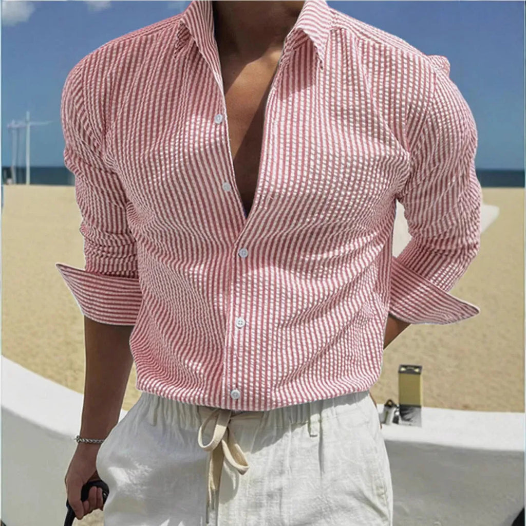 Men's striped shirt with cardigan lapel collar in multiple colour options showing front view