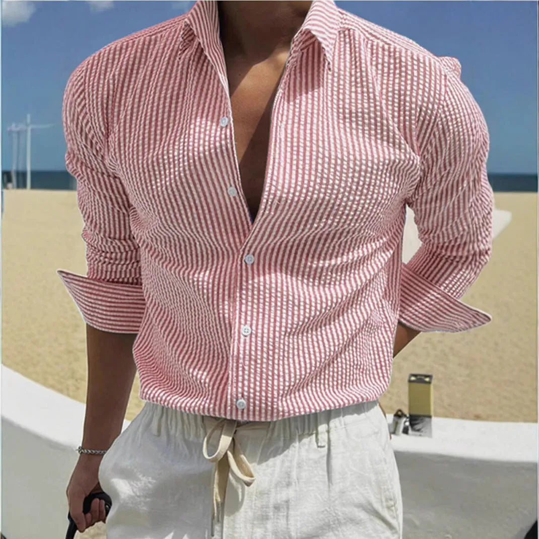 Men's striped shirt with cardigan lapel collar in multiple colour options showing front view