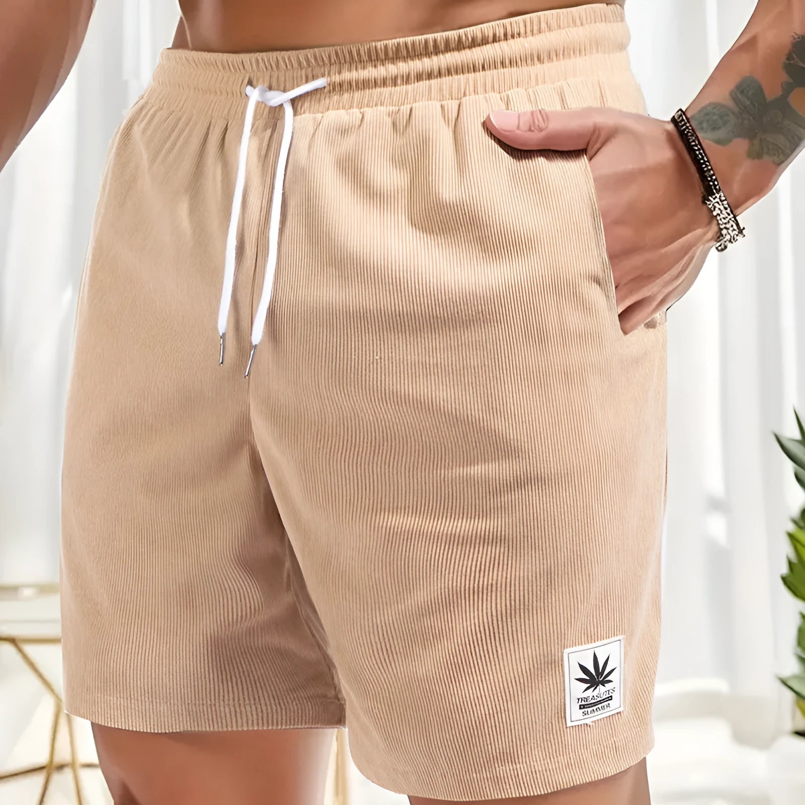 Men's black drawstring summer shorts with straight legs and micro-elastic polyester fabric