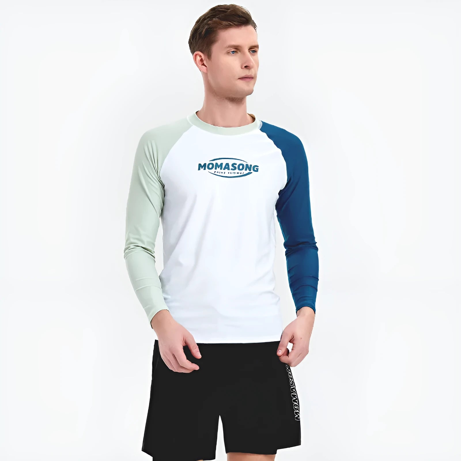 Men's white long-sleeved swim top with matching blue swim trunks for beach sports