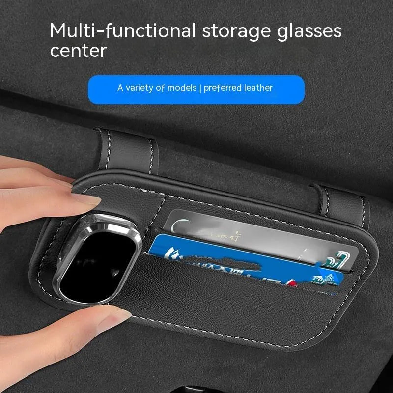 Cowhide leather car sun visor organiser with card slots and glasses clip in beige colour