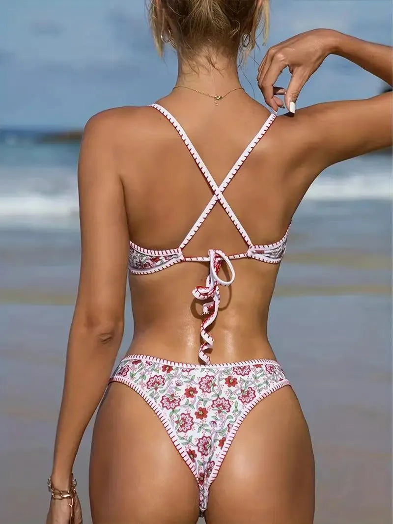 Women's V-neck one-piece swimsuit with floral print in quick-dry polyester fabric