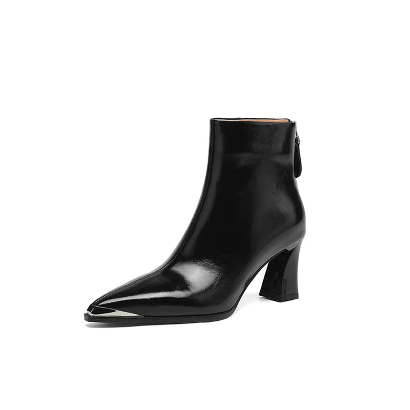 Women's genuine leather ankle boots with 3-5cm chunky heel, square toe, and side zipper in burgundy and black