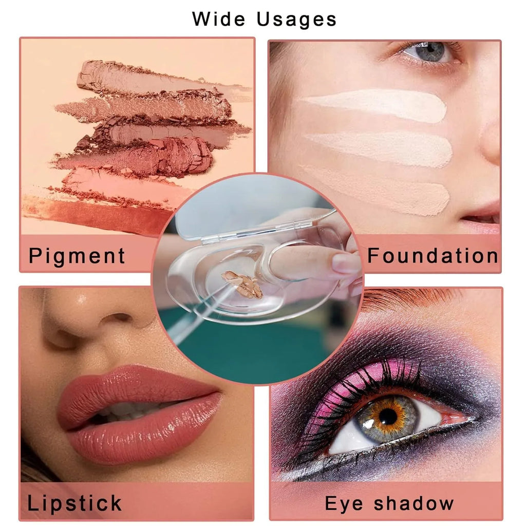 Transparent acrylic makeup mixing palette with central storage groove and side colour test zones.