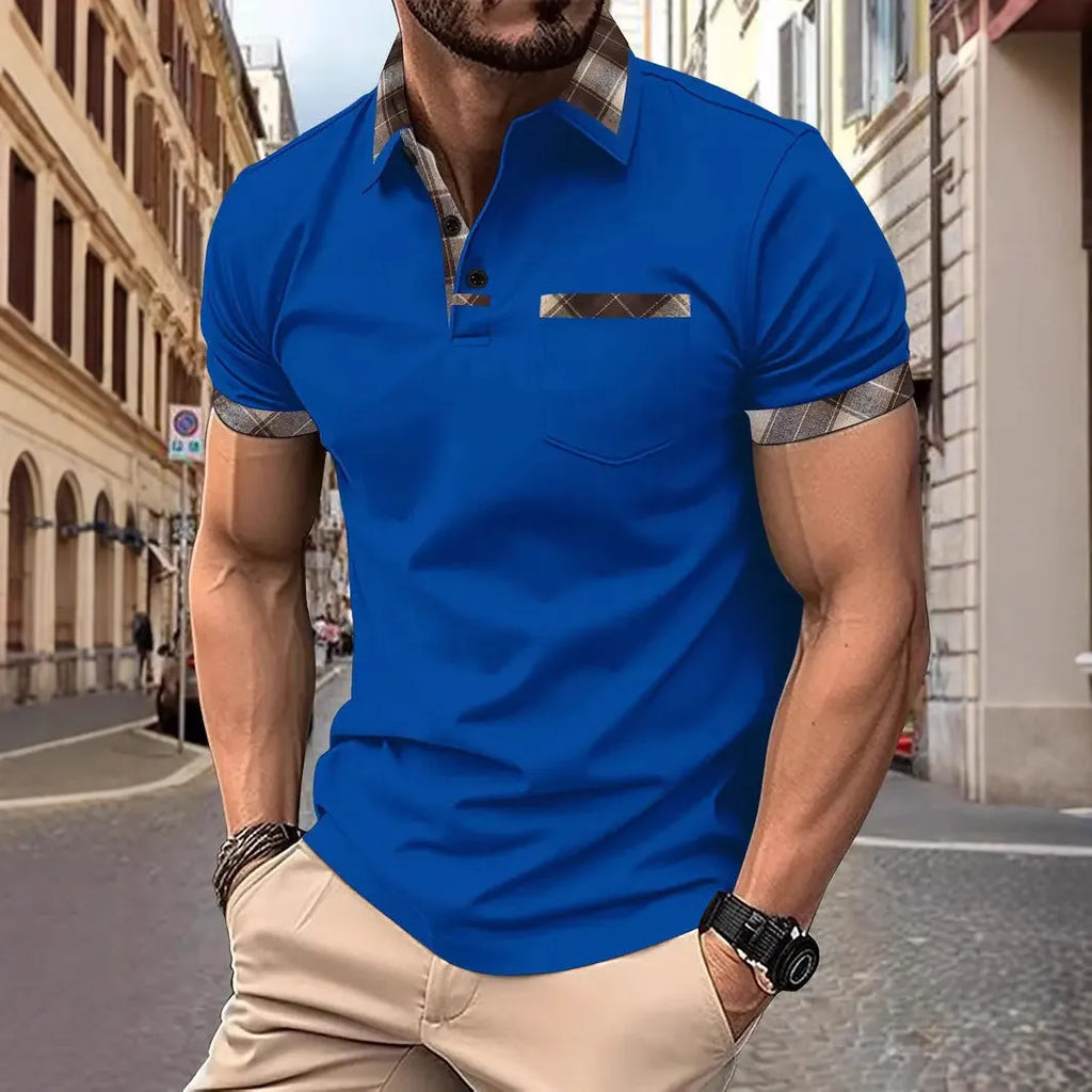 Men's loose fit short sleeve T-shirt with plaid colourblock pattern and zipper detail in multiple colour options