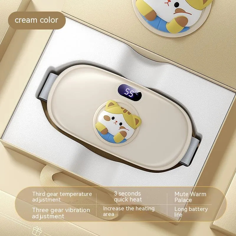 Rechargeable stomach heating pad with 2000mAh battery, adjustable 45-65°C heat, ABS flannel construction in cute cat beige