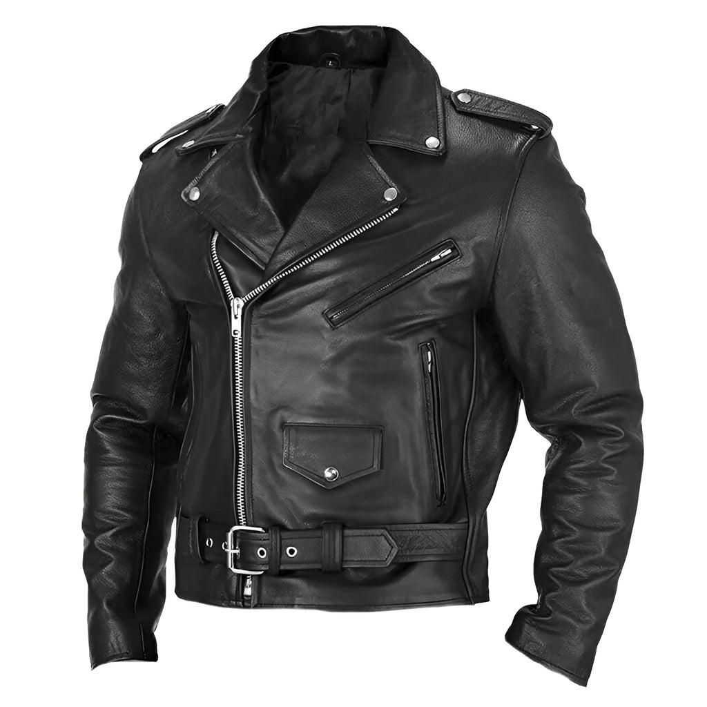Motorcycle men's PU leather jacket in black, regular fit with zip front and stand collar