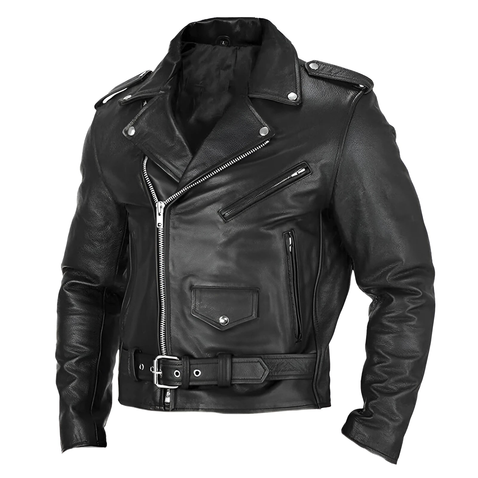 Motorcycle men's PU leather jacket in black, regular fit with zip front and stand collar