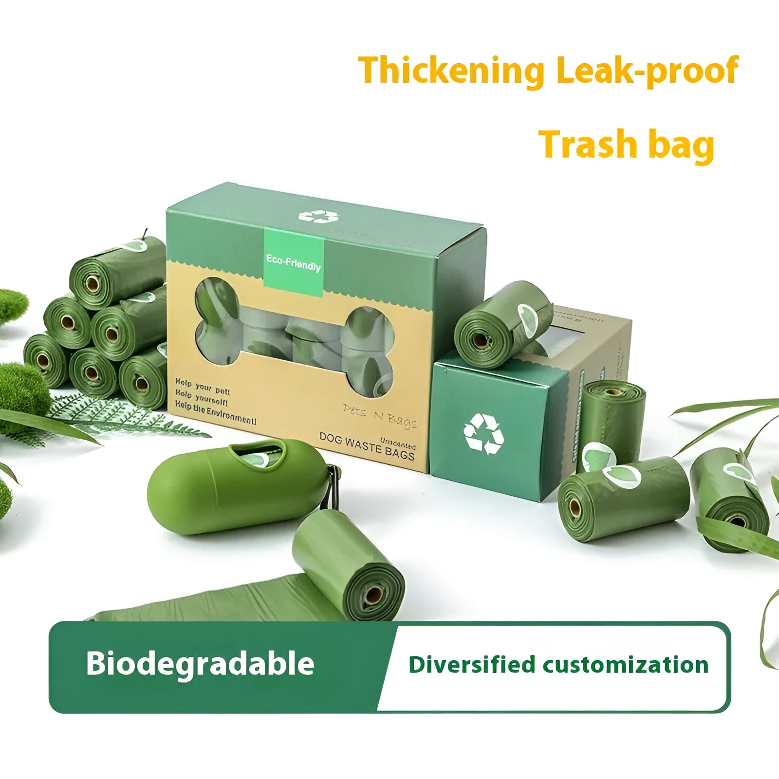 Roll of green EPI degradable pet waste bags next to a time capsule dispenser on a grass background.