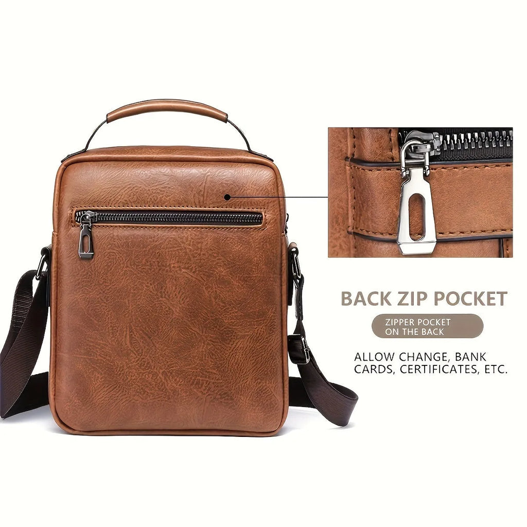Brown men's PU leather crossbody shoulder bag with adjustable strap, top handle, multiple pockets, and card holder wallet.