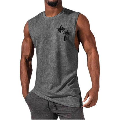 Stylish tropical tank top with coconut tree embroidery design, ideal for summer workouts and active lifestyles.