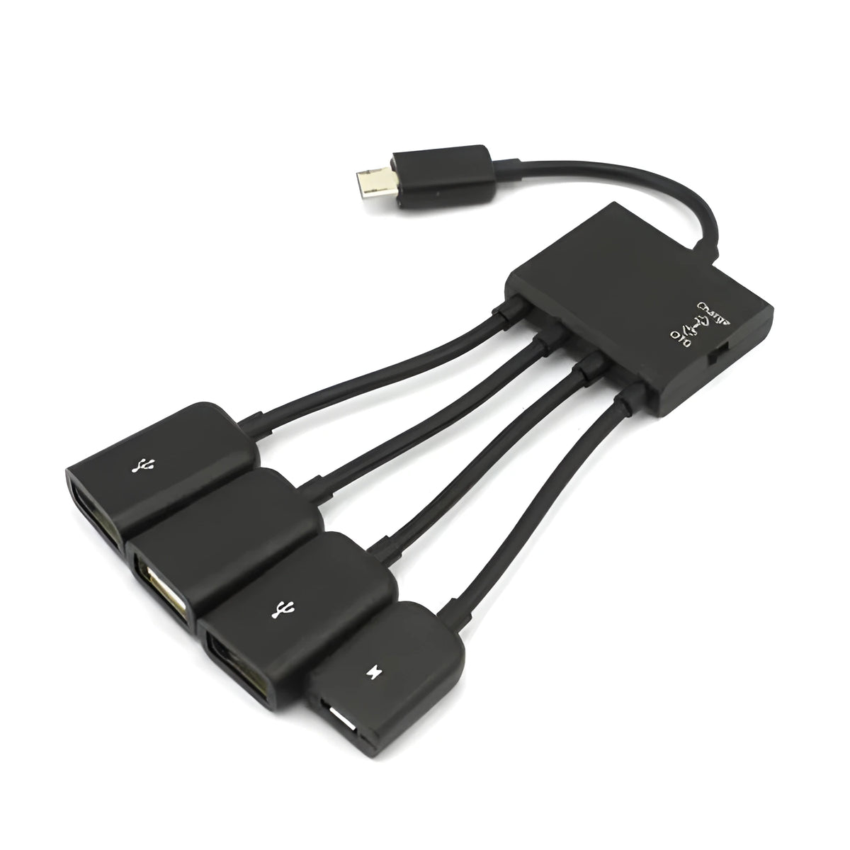 Black Micro USB OTG one-to-four adapter cable with switch and three USB ports