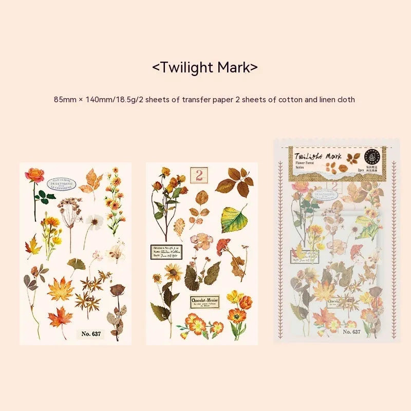A5 forest art sticker set showing six colour designs on cotton linen transfer paper