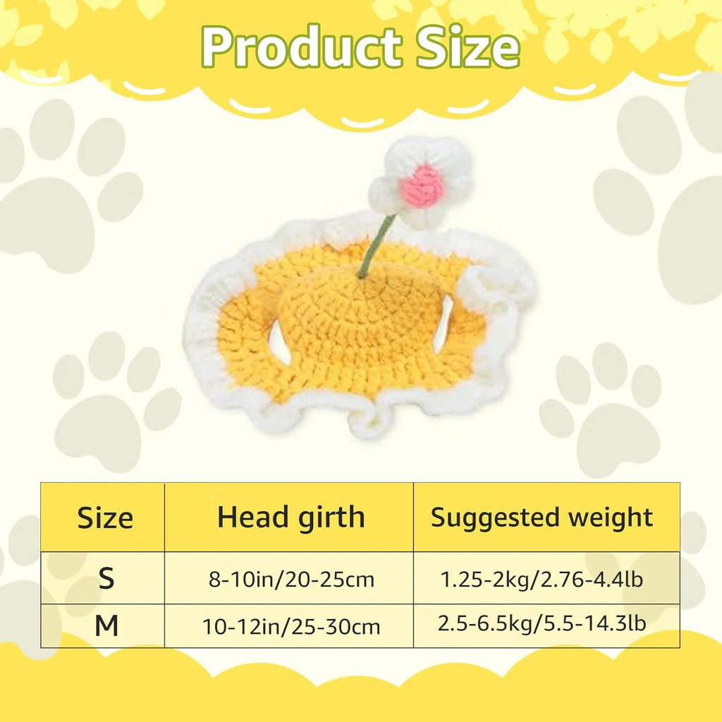 Green knitted cat hat with cartoon design on a pet