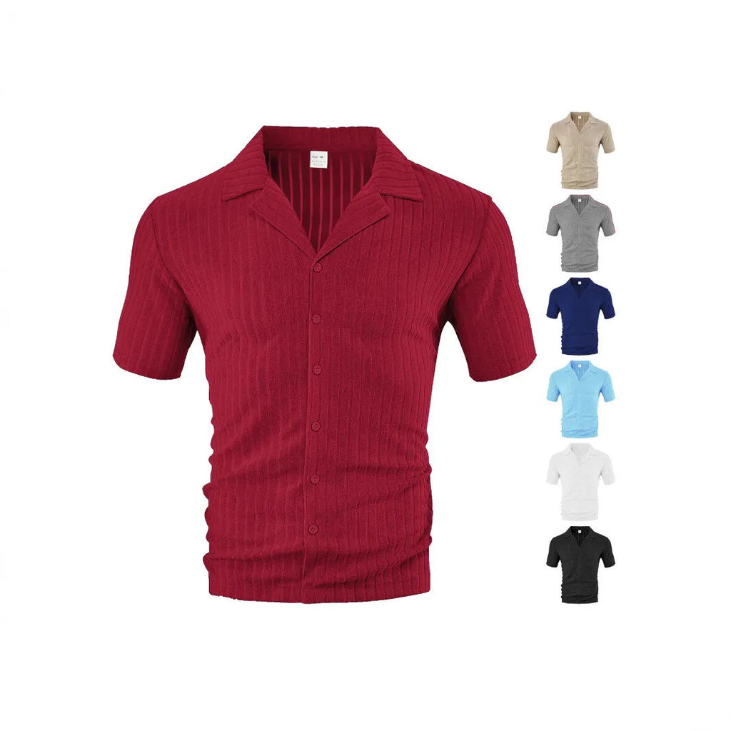 Men's loose casual short sleeve lapel cardigan in polyester, front view