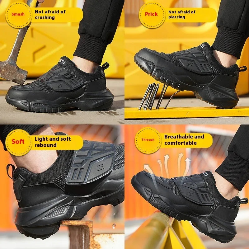 Black safety work shoe with steel toe cap, felt buckle, and anti-puncture sole for industrial use.