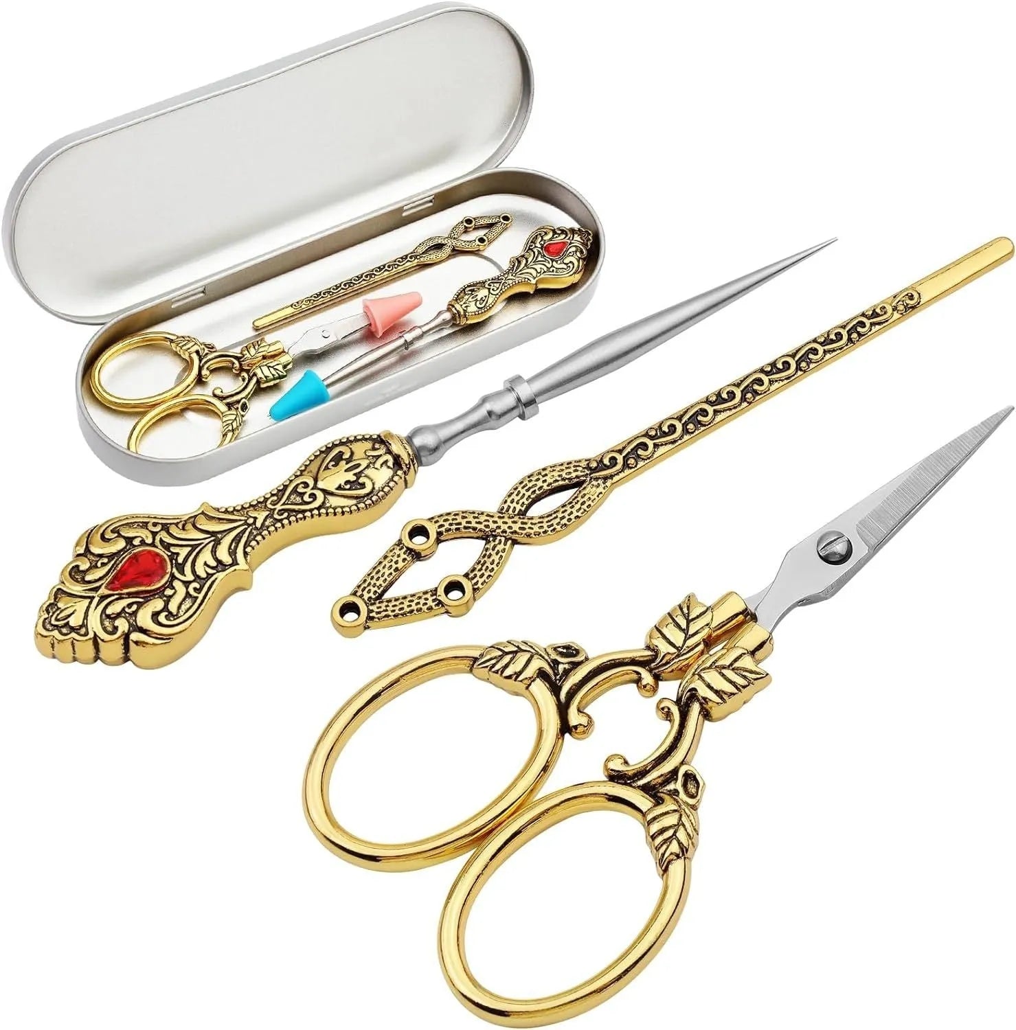 Retro walking in the waves sewing tool set boxed with stainless steel scissors and awl in gold