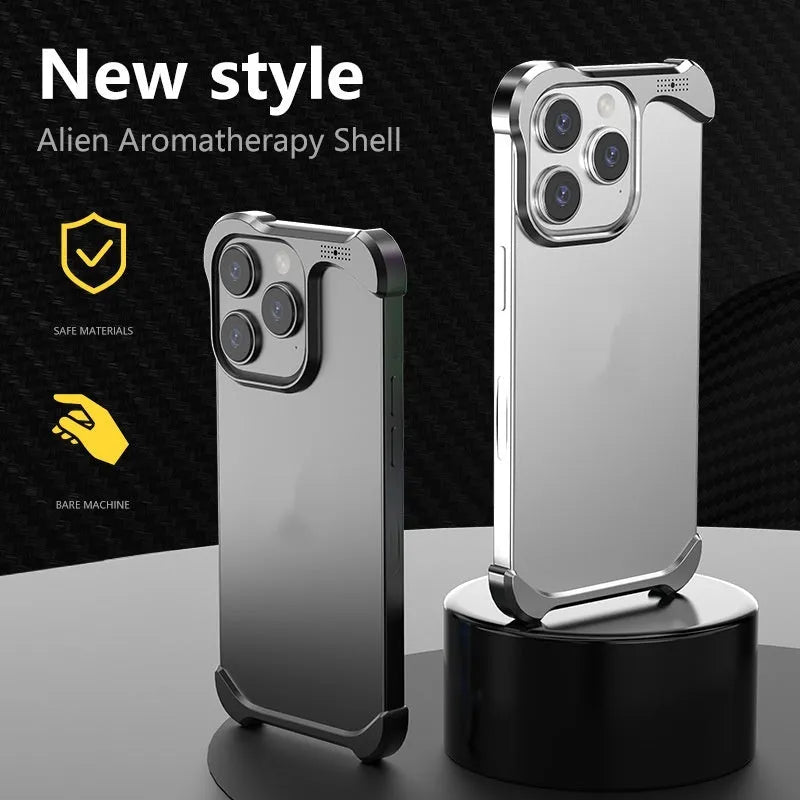 Translucent aluminium alloy phone case with laser finish in black, fitting iPhone 14 Pro