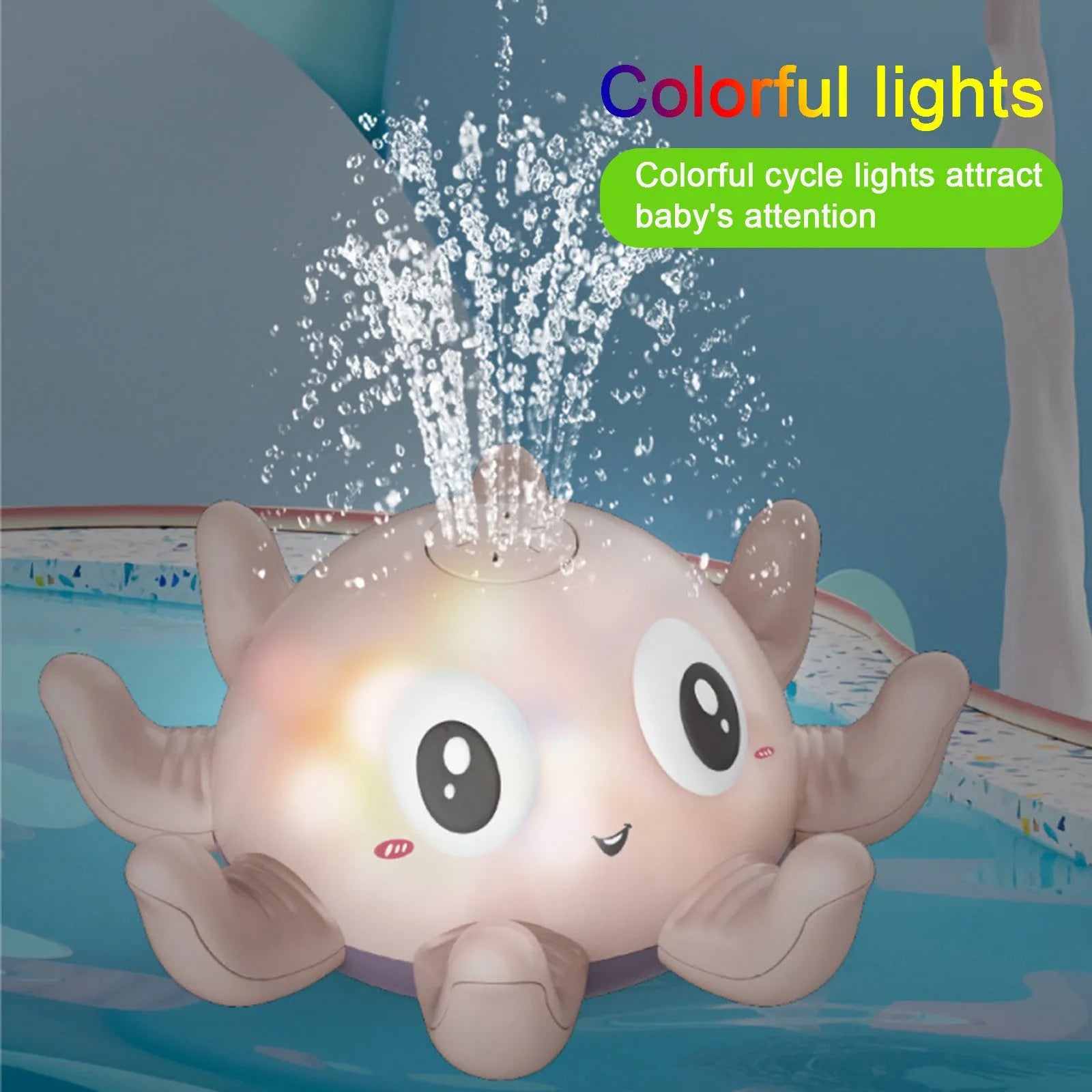 Blue octopus automatic water spray bath toy with flashing lights for children's bath time