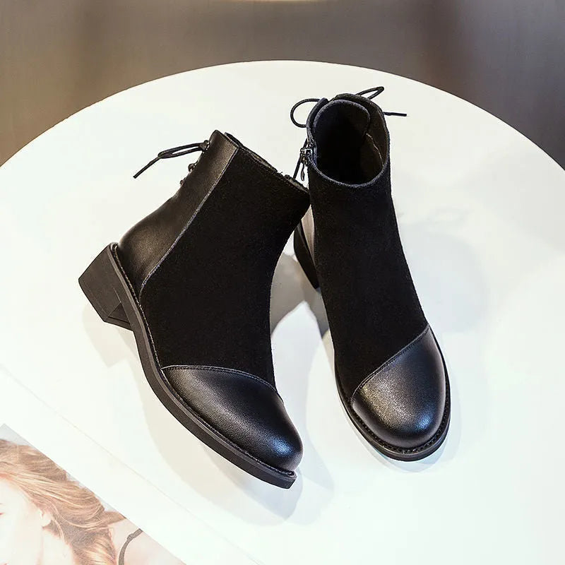 Black women's knee-high microfiber martin boots with side zipper and bow detail