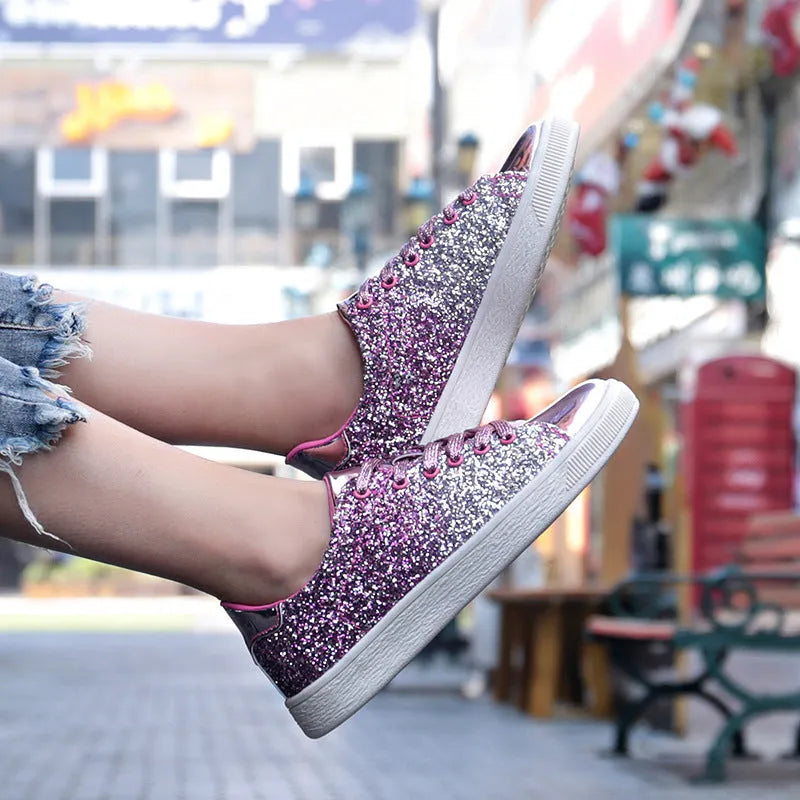 Women's colourful sequinned casual low-top shoes with lace-up front and round toe