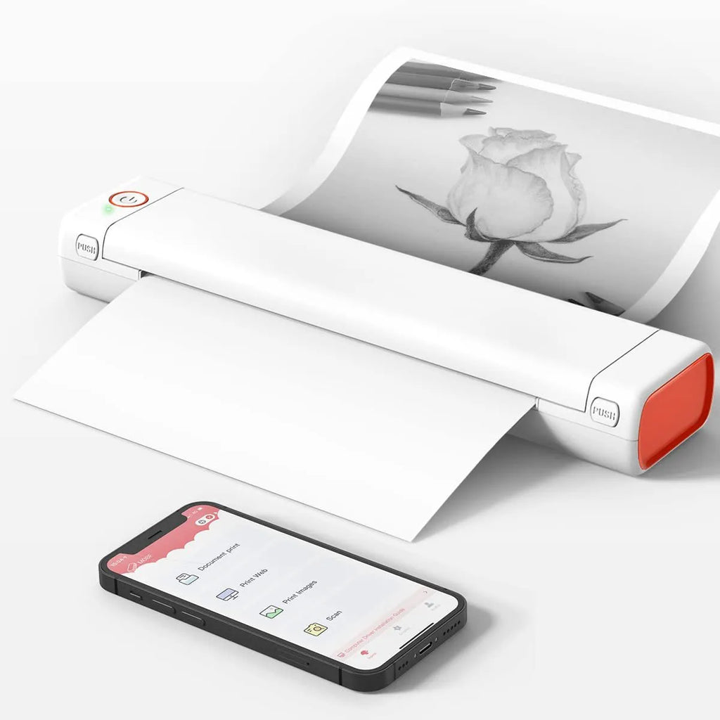 Phomemo M08F portable A4 thermal printer in silver black colour on a desk