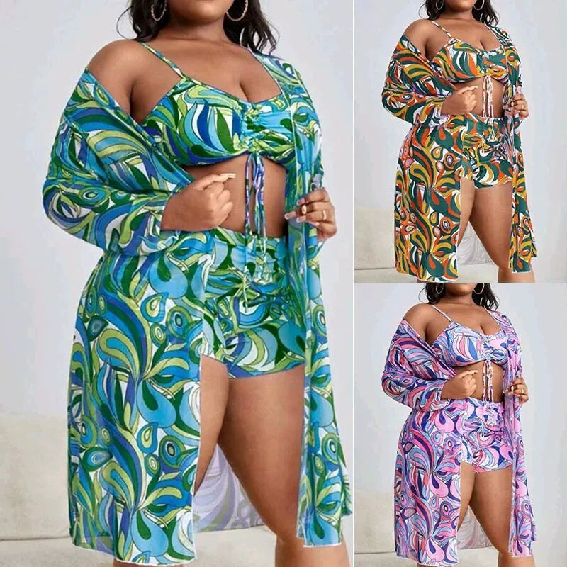 Women's floral print bikini three-piece set with bra, briefs, and a matching cardigan cover-up.