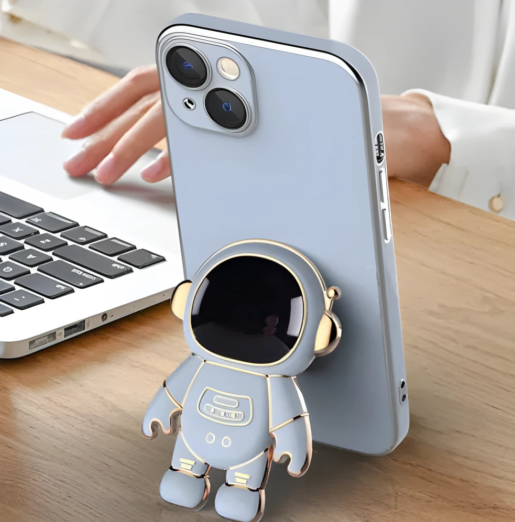 3D astronaut TPU phone case with electroplating and built-in kickstand, available for iPhone models