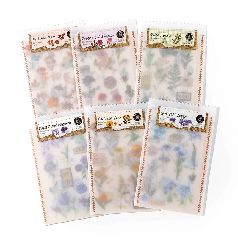 A5 forest art sticker set showing six colour designs on cotton linen transfer paper