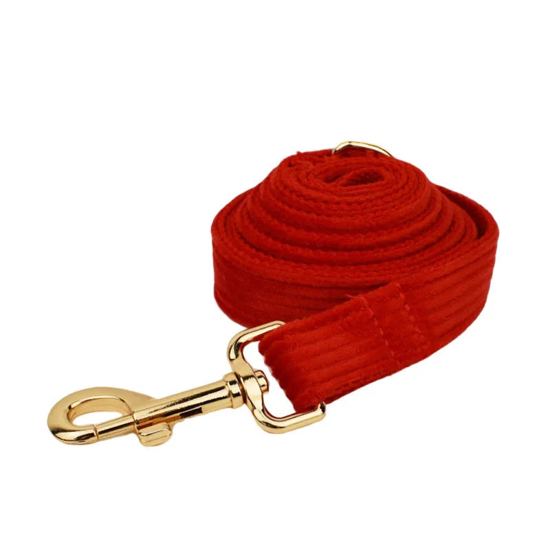 Corduroy dog collar and leash five-piece set with matching red bow, vest, and poo bag holder for medium-sized dogs