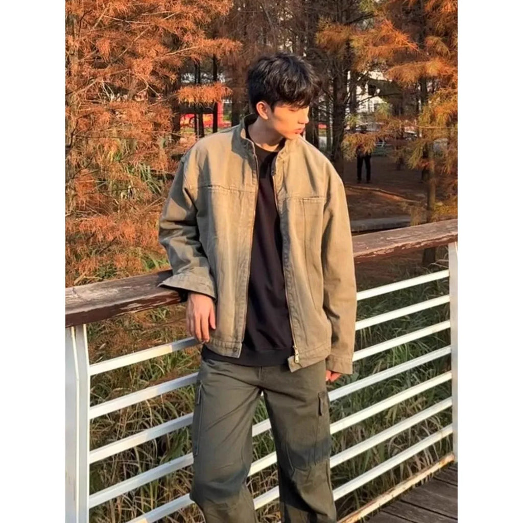 Men's stand collar overalls jacket in army green or khaki, loose fit, long sleeve, sizes M to XXXL