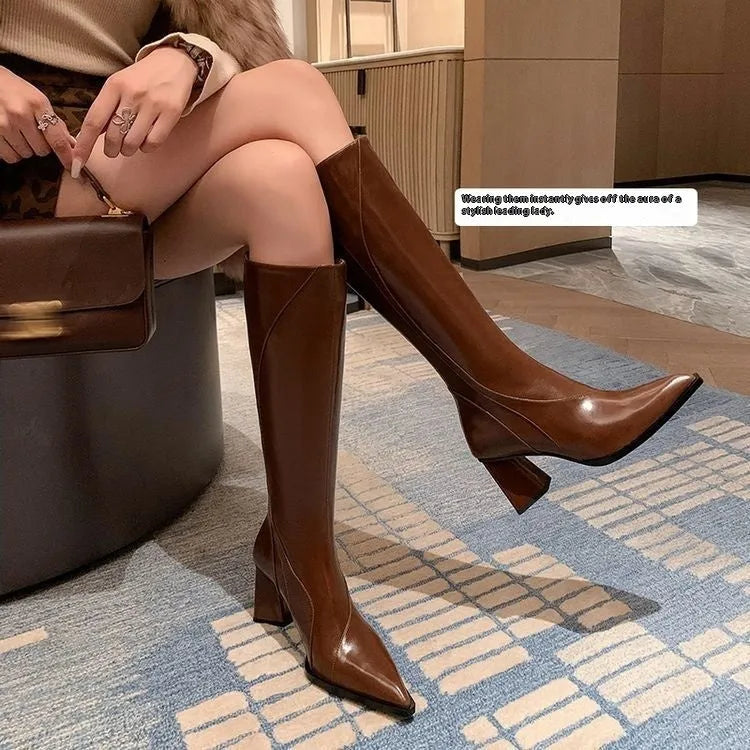 Retro Maillard tube high heel riding boots in cowhide leather with waterproof platform