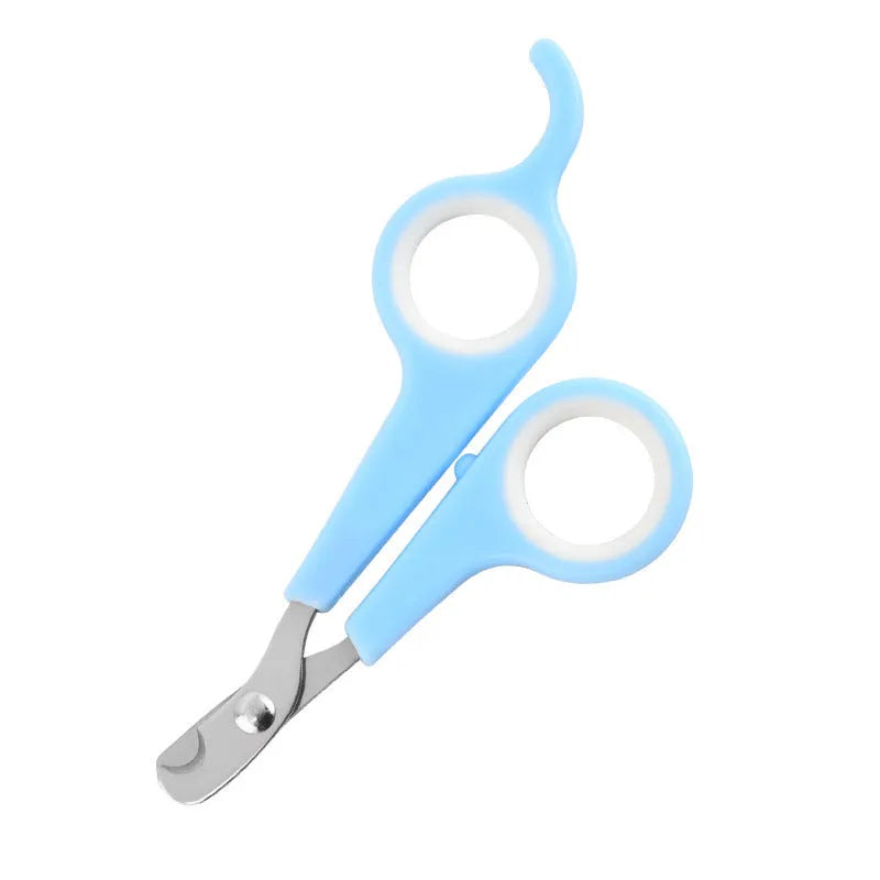 Mini plastic pet nail clippers in blue white and pink white colours on OPP packaging
