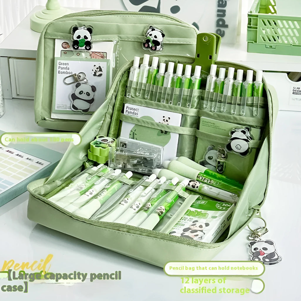 Green canvas pencil case with panda design showing 12-layer compartments open