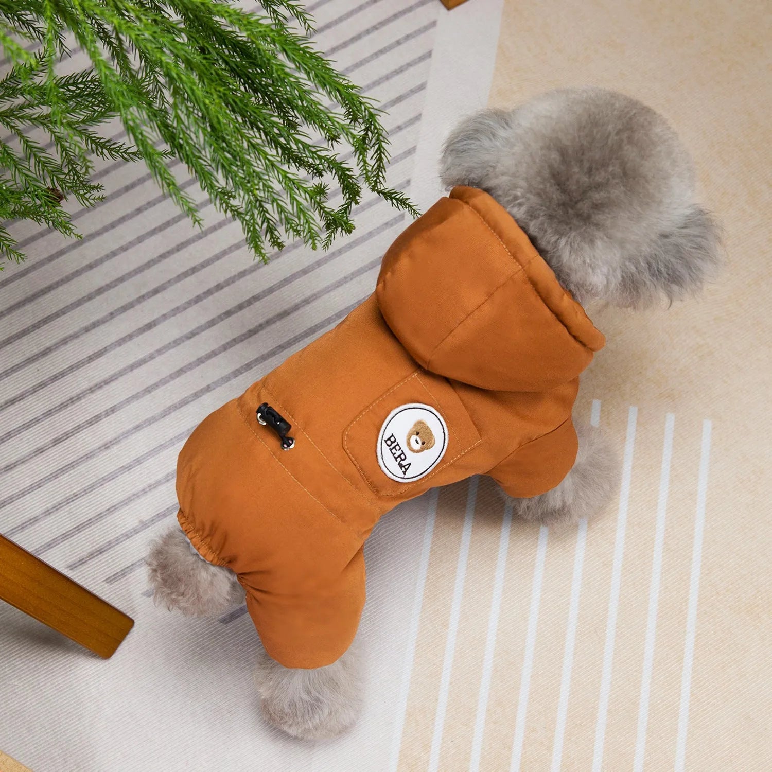 Casual polyester dog clothing in brown for autumn and winter wear, available in sizes S to XXL.