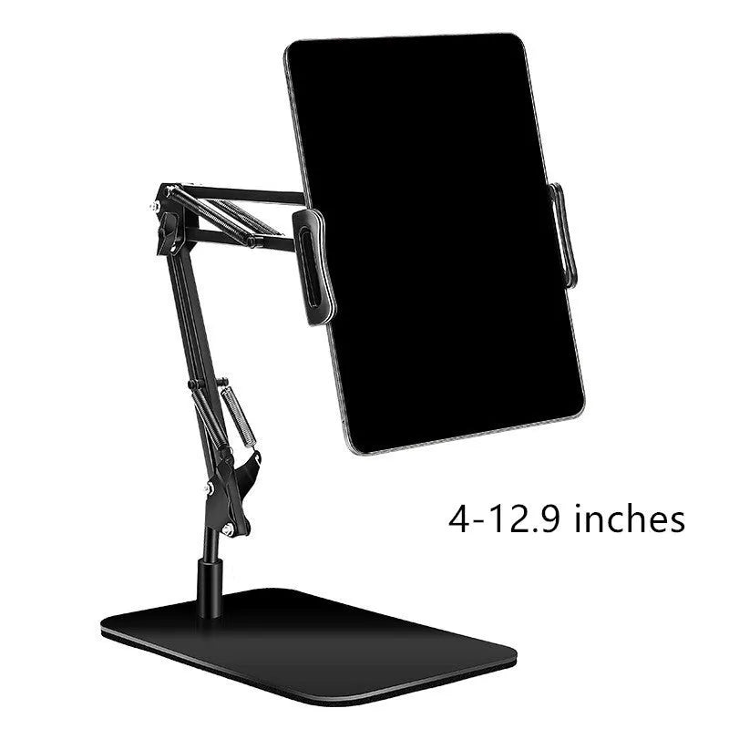 Black universal phone stand with long metal arm and heavy round base holding a mobile phone