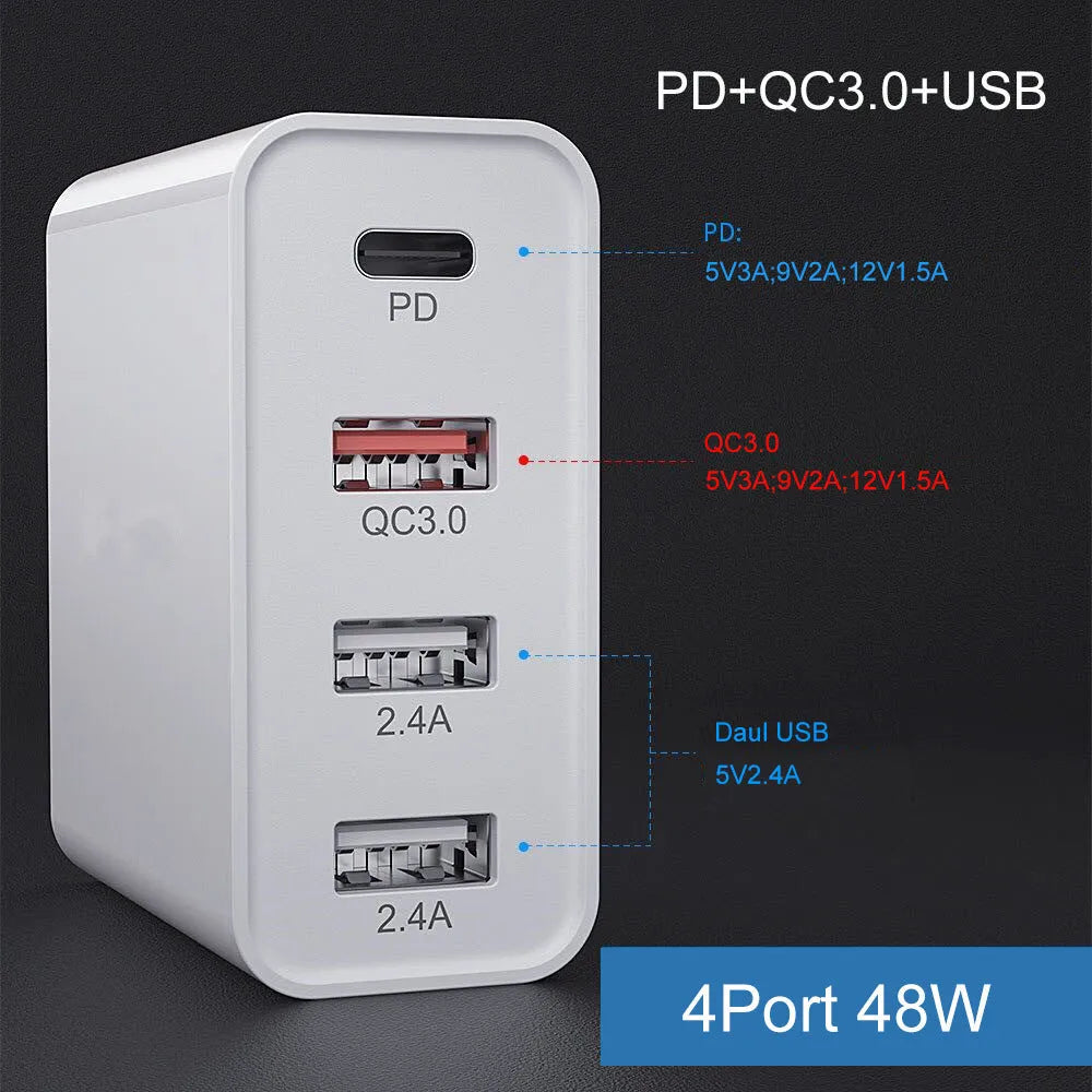 White 4-port USB fast charger with UK plug on a wooden surface.