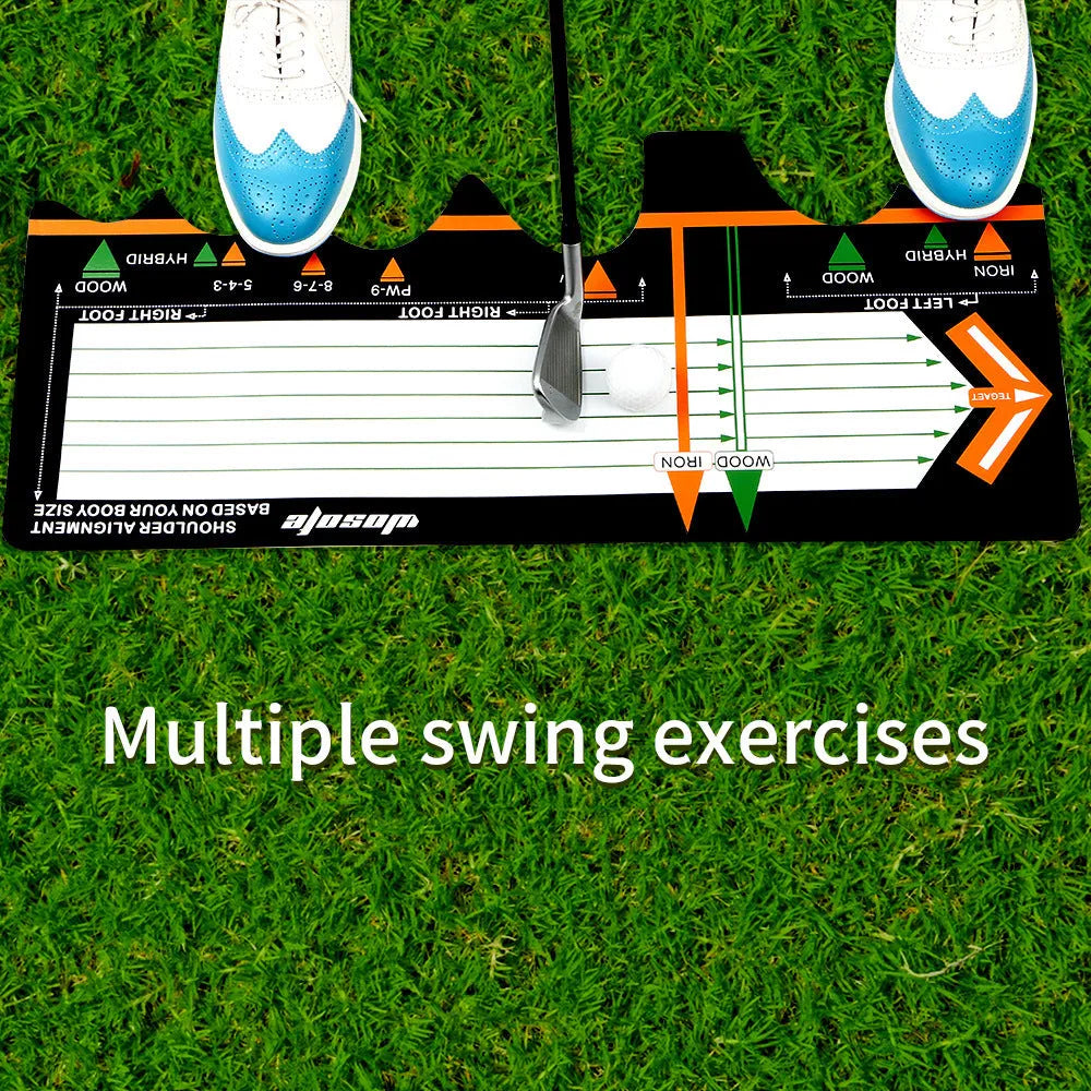 Black neoprene golf swing posture correction training pad on a green surface.