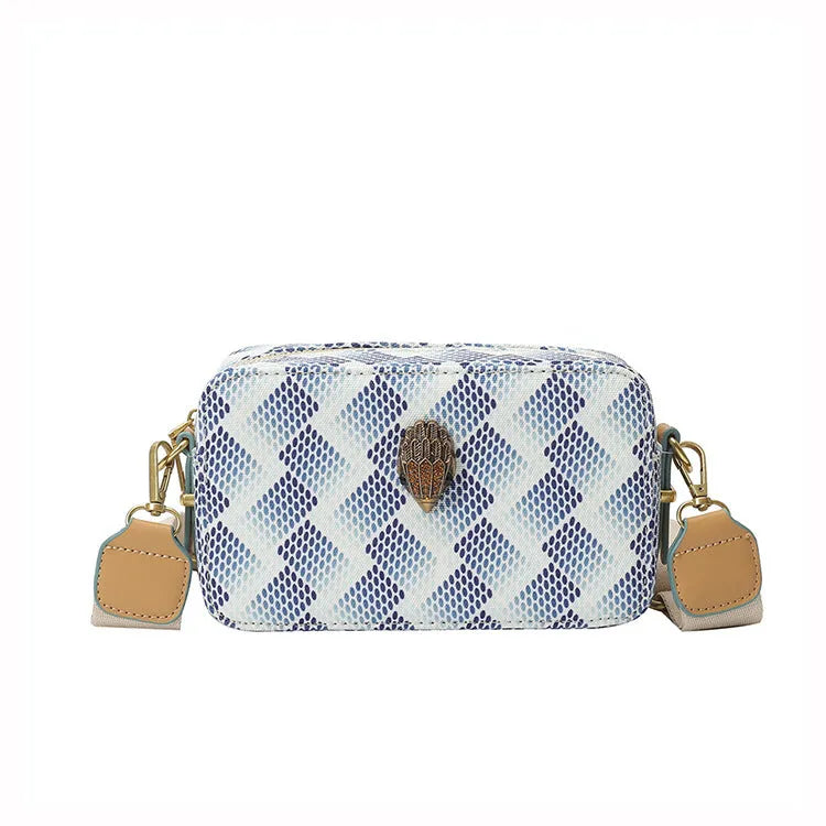 PU crossbody camera bag with wide strap, soft horizontal square shape, blue or multi-colour
