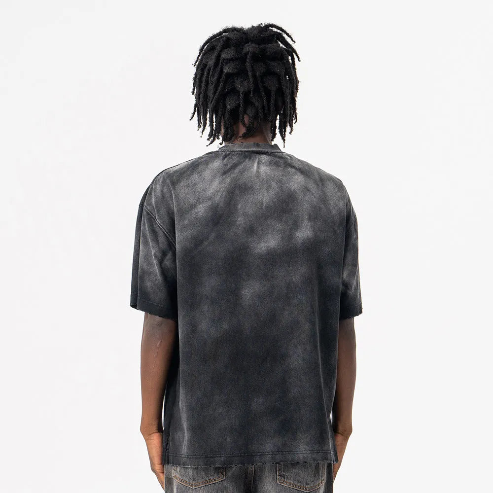 Men's black loose fit cotton t-shirt with letter pattern print and drop shoulder sleeves